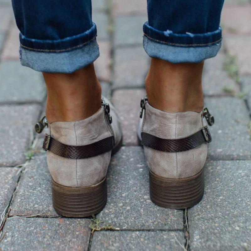 Retro Ankle Boots With Side Zipper Belt Buckle