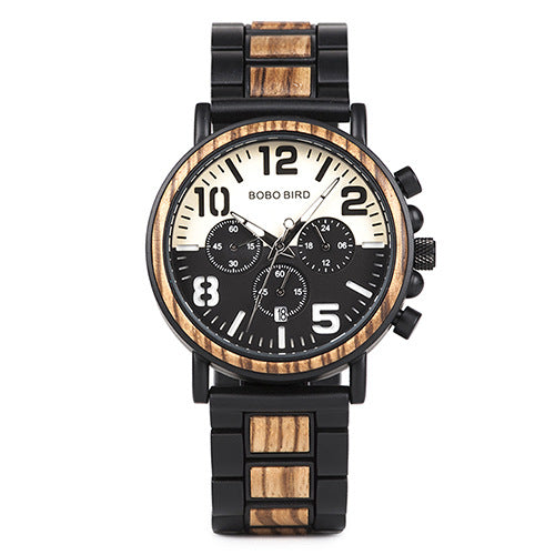 Wooden quartz watch three eye multi function men's Watch