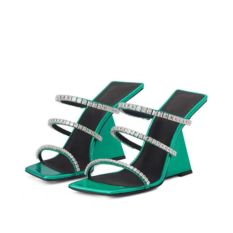 Patent Leather Square Toe Wedge Slippers