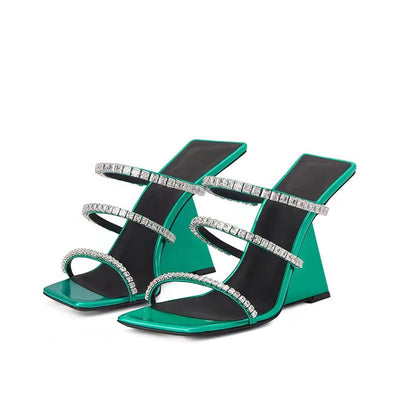 Patent Leather Square Toe Wedge Slippers