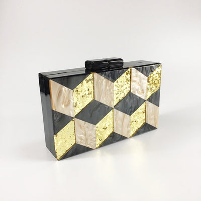 Vintage Sequined Acrylic Evening Geometric Check Panel Clutch