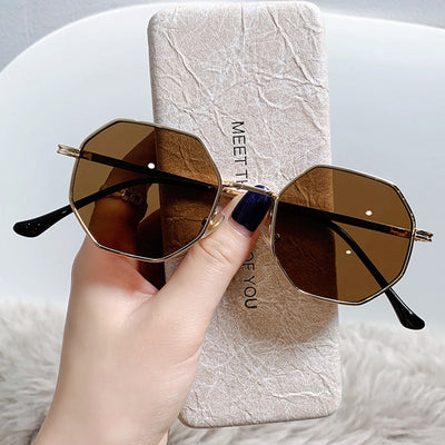 Metal Brown Retro Polygonal Sunglasses