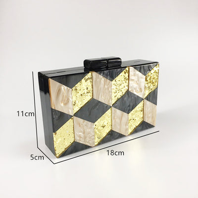 Vintage Sequined Acrylic Evening Geometric Check Panel Clutch
