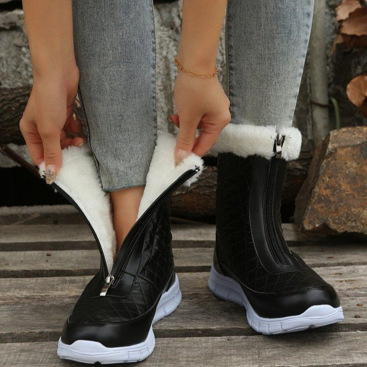 Women Winter Plush Warm Combat Boots With Front Zipper