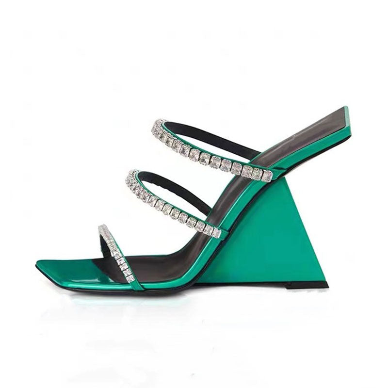 Patent Leather Square Toe Wedge Slippers