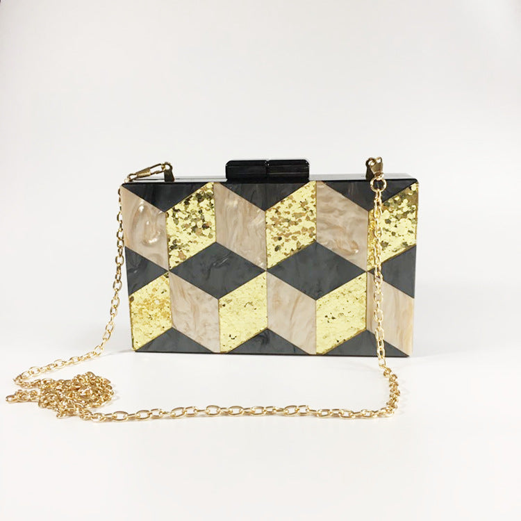 Vintage Sequined Acrylic Evening Geometric Check Panel Clutch
